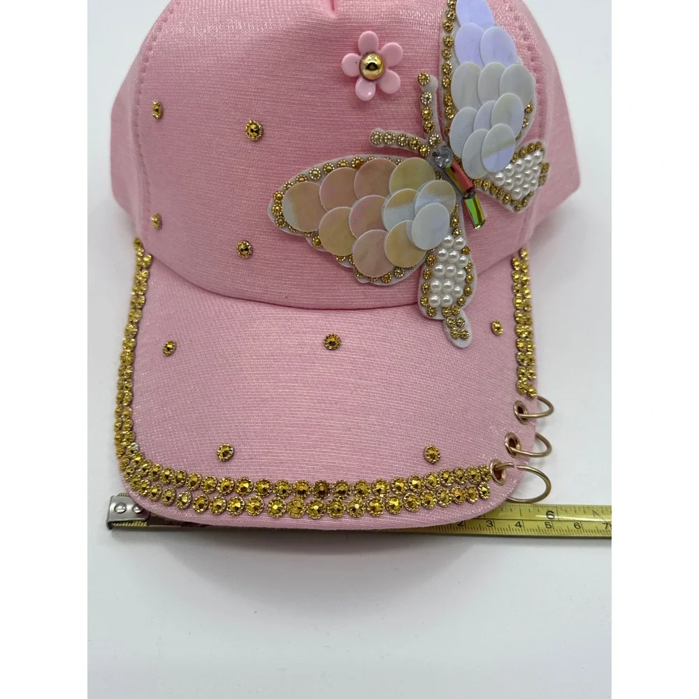 Pink Butterfly Sequin Pearl Rhinestone Baseball Cap with Gold Rings Accent Hat